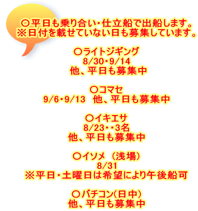〇平日も乗り合い・仕立船で出船します。 ※日付を載せていない日も募集しています。  〇ライトジギング 8/30・9/14  他、平日も募集中  〇コマセ 9/6・9/13　他、平日も募集中  〇イキエサ 8/23・・3名 他、平日も募集中  〇イソメ　(浅場) 8/31 ※平日・土曜日は希望により午後船可  〇バチコン(日中) 他、平日も募集中