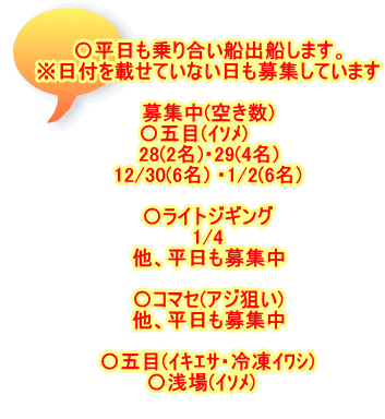 〇平日も乗り合い船出船します。 ※日付を載せていない日も募集しています  募集中(空き数) 〇五目(ｲｿﾒ)　　 28(2名)・29(4名) 12/30(6名) ・1/2(6名)   〇ライトジギング 1/4 他、平日も募集中  〇コマセ(アジ狙い) 他、平日も募集中  〇五目(ｲｷｴｻ・冷凍ｲﾜｼ) 〇浅場(ｲｿﾒ)　 