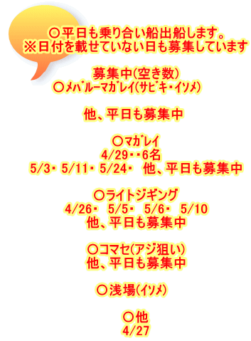 〇平日も乗り合い船出船します。 ※日付を載せていない日も募集しています  募集中(空き数) 〇ﾒﾊﾞﾙ-ﾏｶﾞﾚｲ(ｻﾋﾞｷ・ｲｿﾒ)　　  他、平日も募集中   〇ﾏｶﾞﾚｲ 4/29・・6名　 5/3・ 5/11・ 5/24・　他、平日も募集中  〇ライトジギング 4/26・　5/5・　5/6・　5/10 他、平日も募集中  〇コマセ(アジ狙い) 他、平日も募集中  〇浅場(ｲｿﾒ)　  〇他 4/27