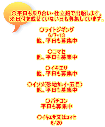 〇平日も乗り合い・仕立船で出船します。 ※日付を載せていない日も募集しています。  〇ライトジギング 6/7・13 他、平日も募集中  〇コマセ 他、平日も募集中  〇イキエサ 他、平日も募集中  〇イソメ(砂地ｶﾚｲ・五目)　 他、平日も募集中  〇バチコン 平日も募集中  〇ｲｷｴｻ又はｺﾏｾ 6/20